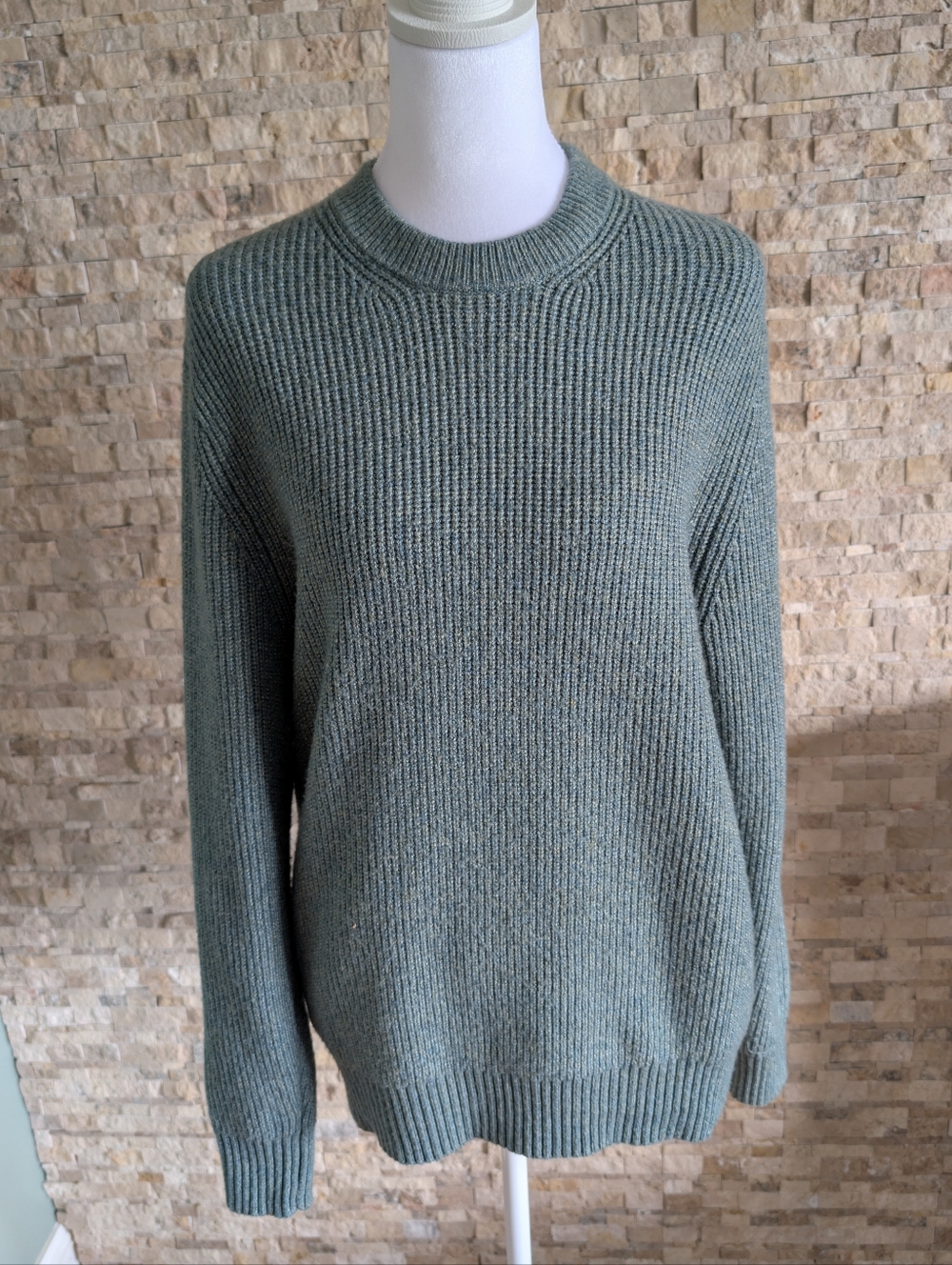 Sage Green Teal Ribbed Knit Sweater Mens Small Minimalist Crewneck Cozy Pullover